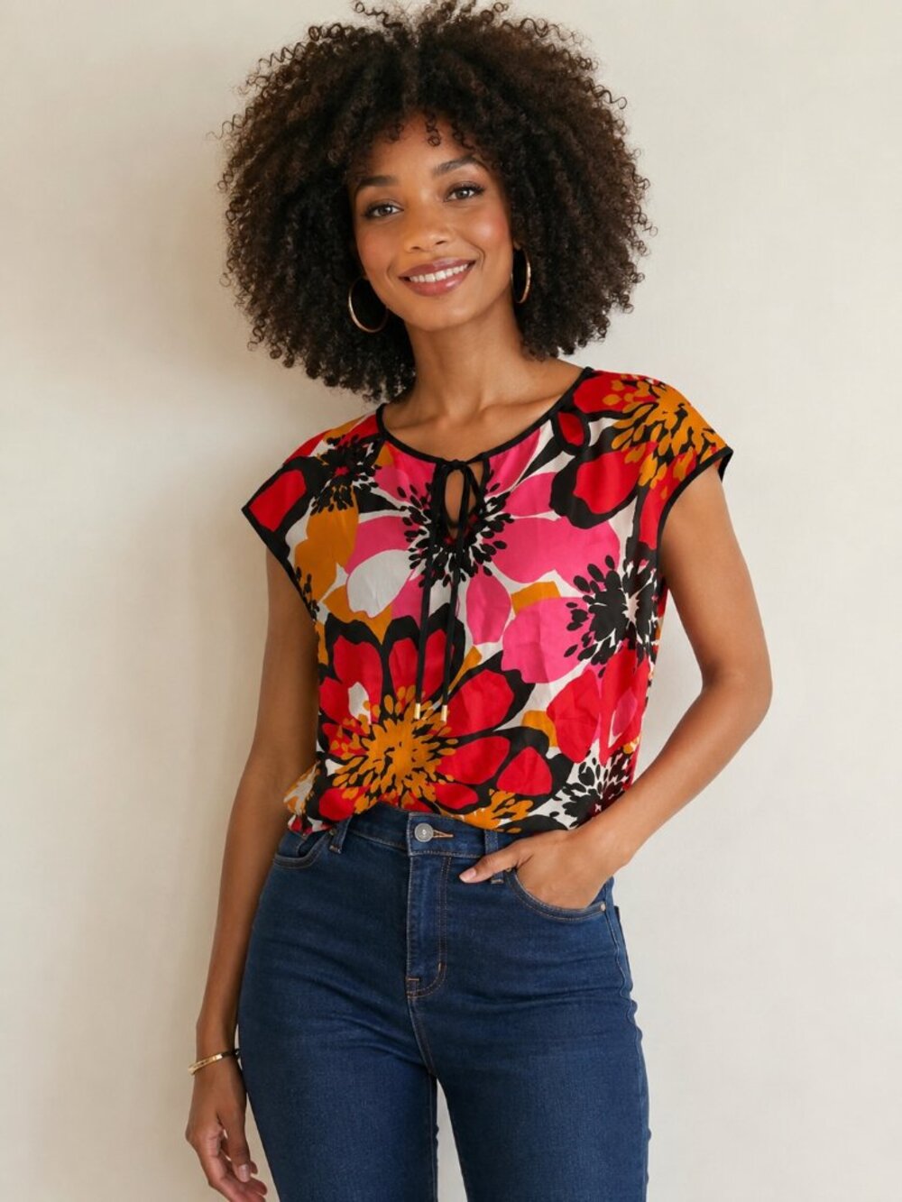 White House Black Market Red Pink Gold Floral Tie-Front Cap Sleeve Top